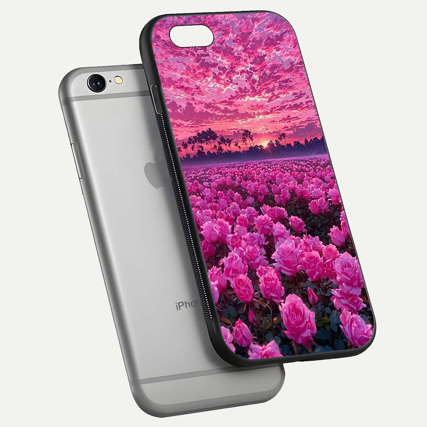 Rose Sunset Valley Glass Case for iPhone 16 Pro floating dual-view mockup showing gloss reflection and art depth