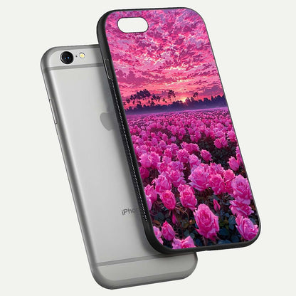 Rose Sunset Valley Glass Case for iPhone 16 Pro floating dual-view mockup showing gloss reflection and art depth
