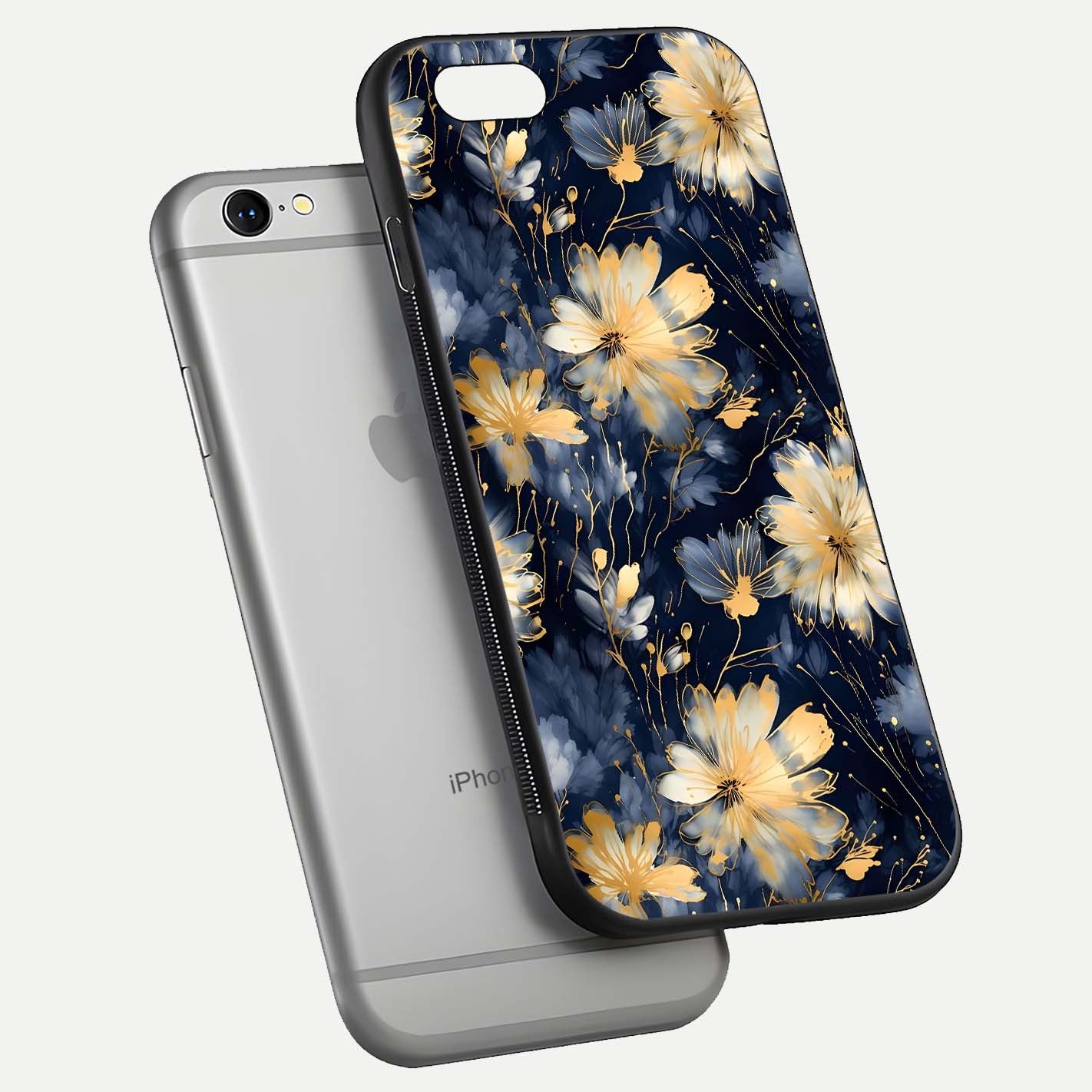 Royal Petal Dream Glass Case for iPhone 16 Pro floating dual-view mockup displaying gloss reflection and tone contrast
