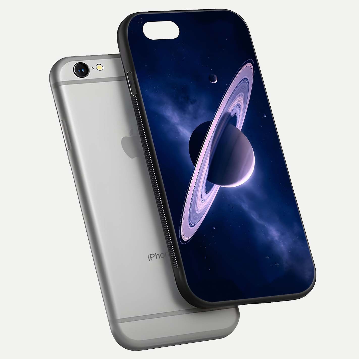 Saturn Ring Mystique Glass Case for iPhone 16 Pro floating dual-view mockup showing gloss finish and star detail