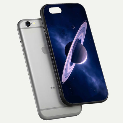 Saturn Ring Mystique Glass Case for iPhone 16 Pro floating dual-view mockup showing gloss finish and star detail