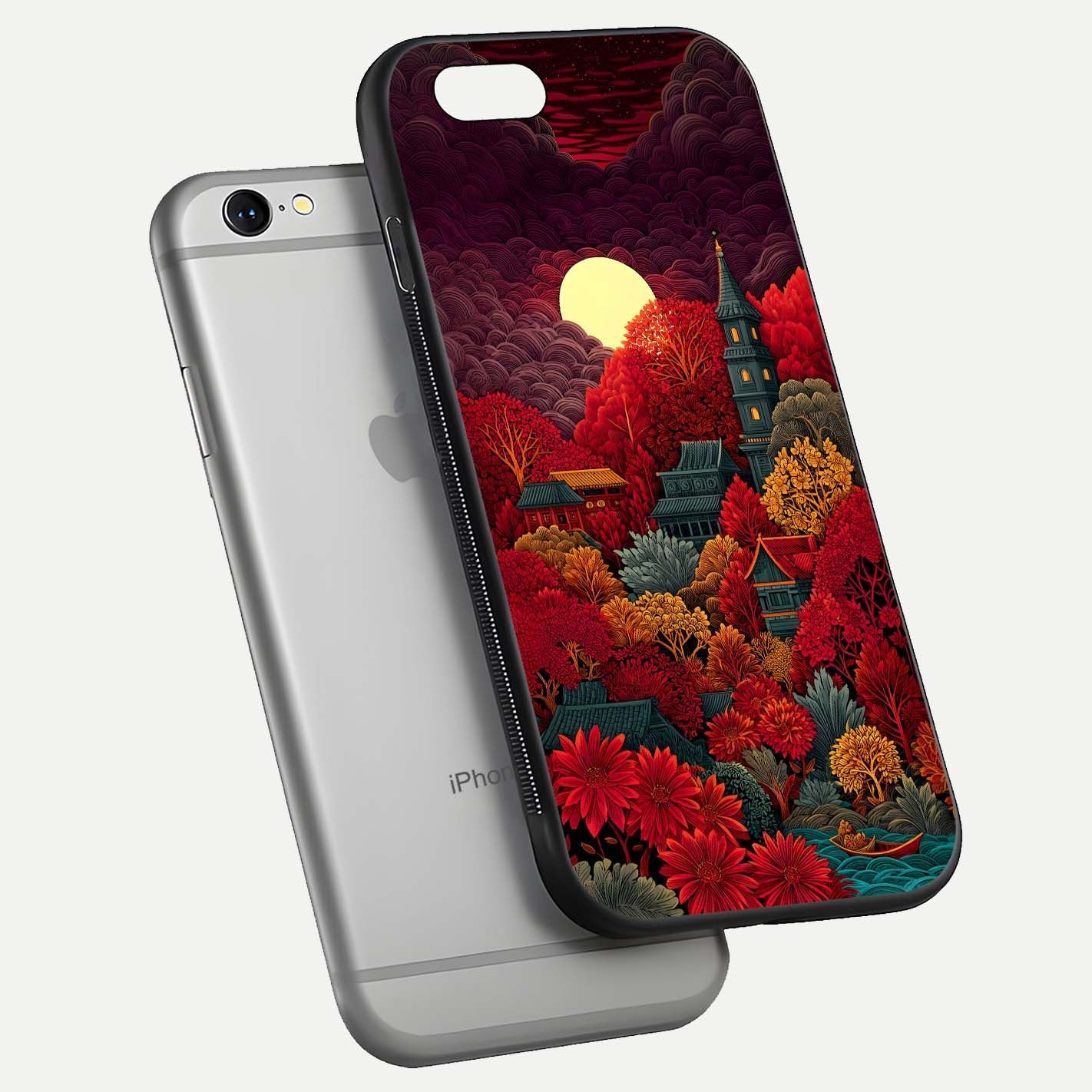 Scarlet Autumn Temple Glass Case for iPhone 16 Pro floating dual-view mockup displaying gloss shine and autumn tones