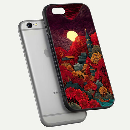 Scarlet Autumn Temple Glass Case for iPhone 16 Pro floating dual-view mockup displaying gloss shine and autumn tones