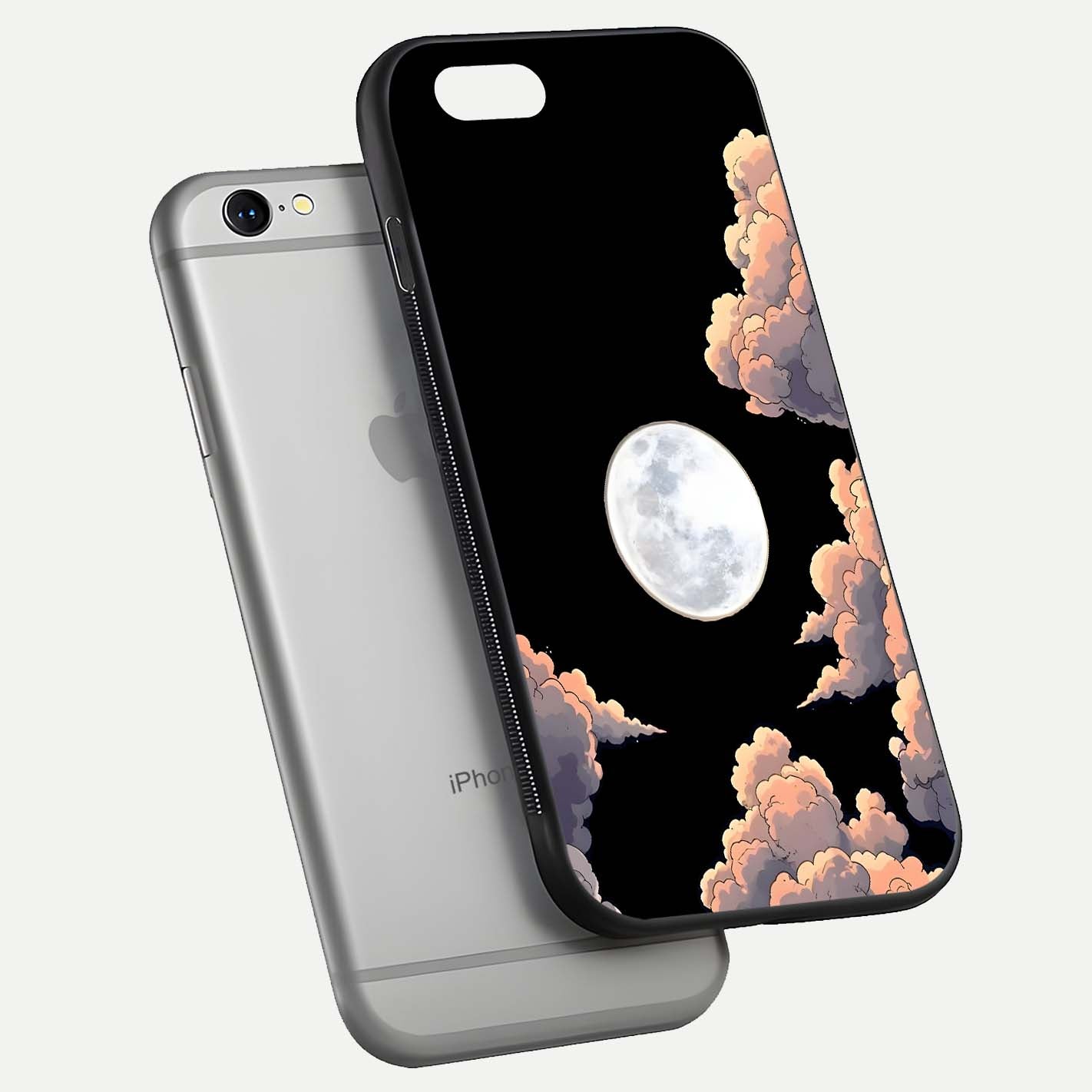 Shade Cloud Moon Glass Case for iPhone 16 Pro floating dual-view mockup showing gloss and celestial texture