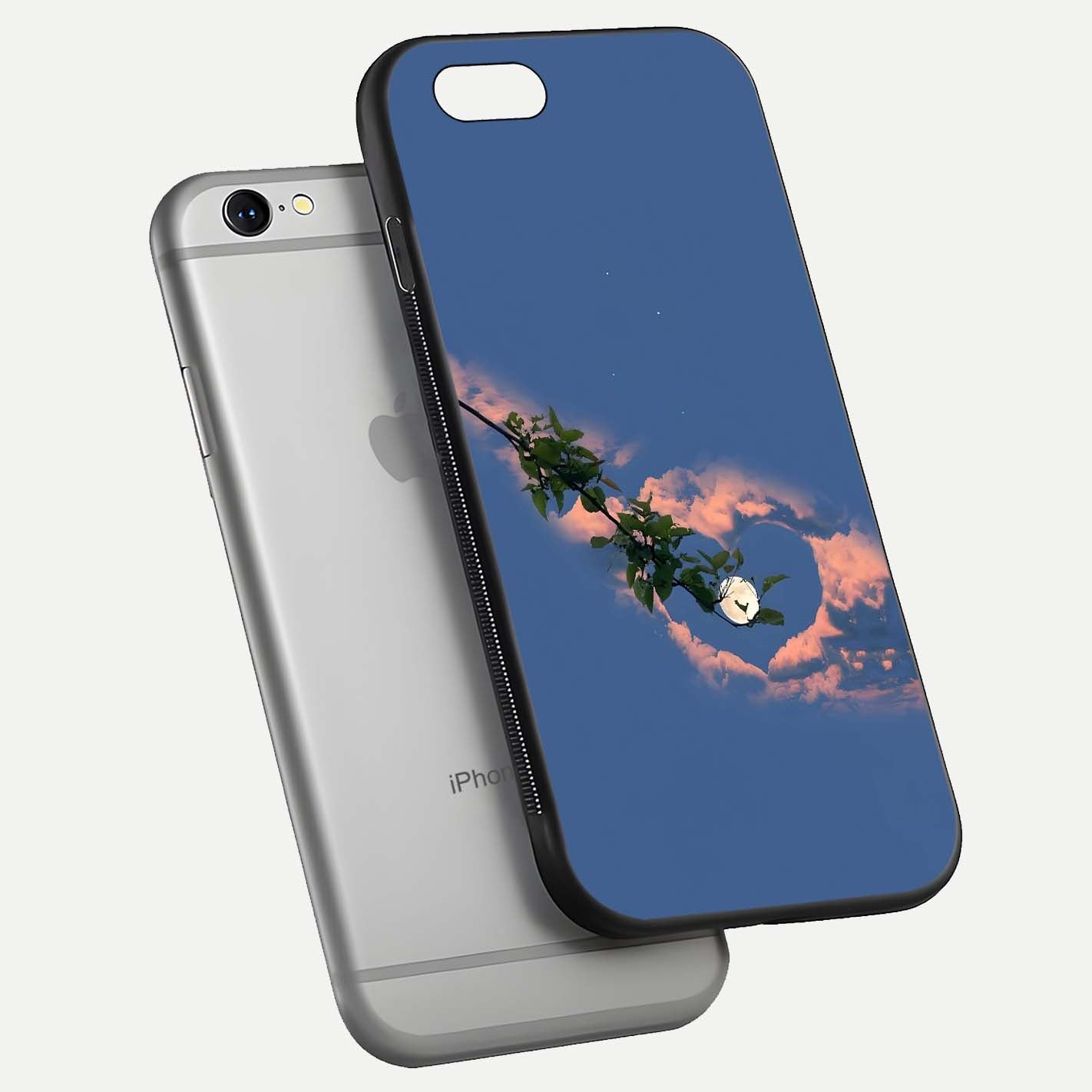 Sky Under Tree Glass Case for iPhone 16 Pro floating dual-view mockup displaying gloss reflection and landscape tone