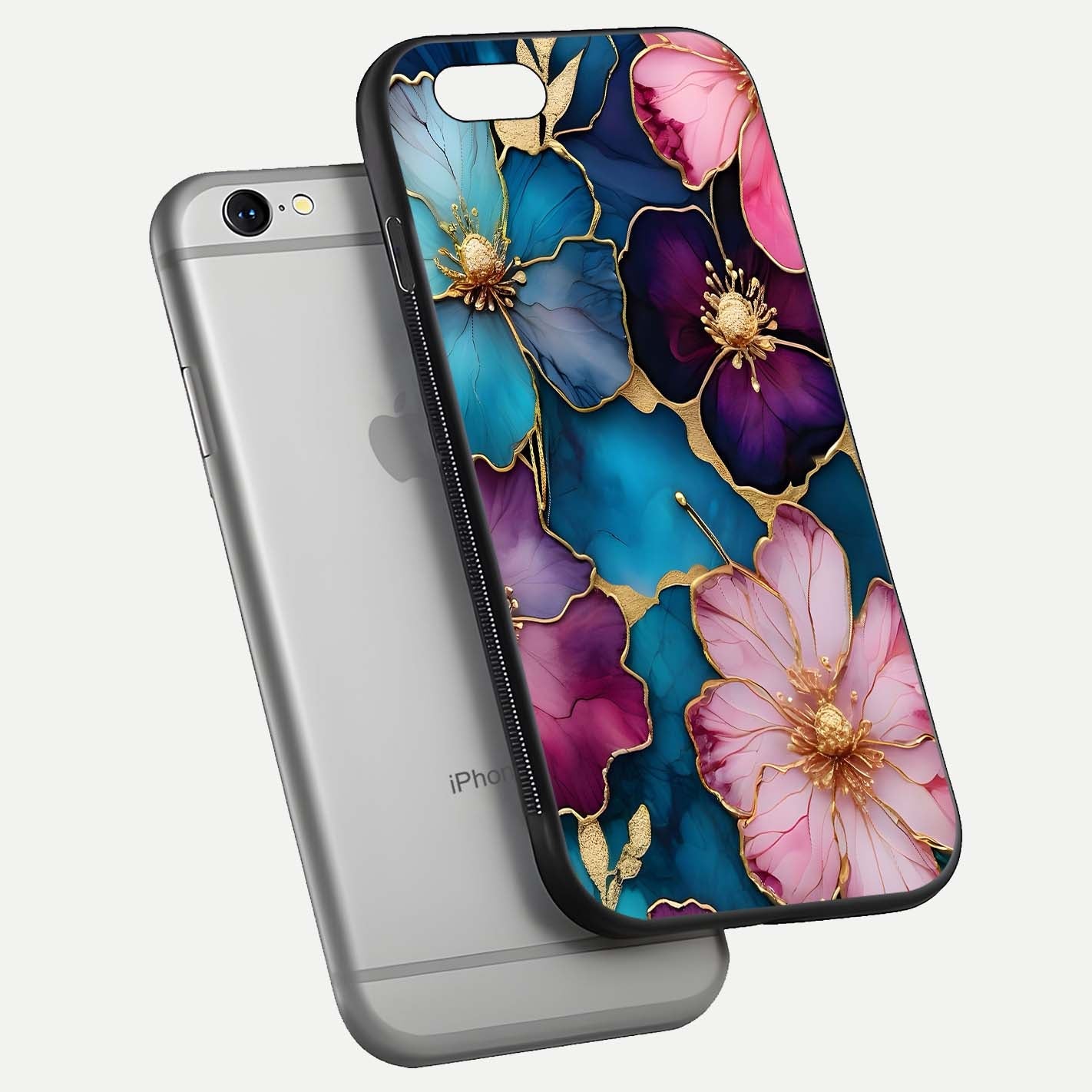 Sparkle Floral Glass Case for iPhone 16 Pro floating dual-view mockup displaying gloss surface and sparkle effect