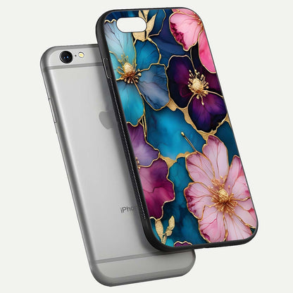 Sparkle Floral Glass Case for iPhone 16 Pro floating dual-view mockup displaying gloss surface and sparkle effect