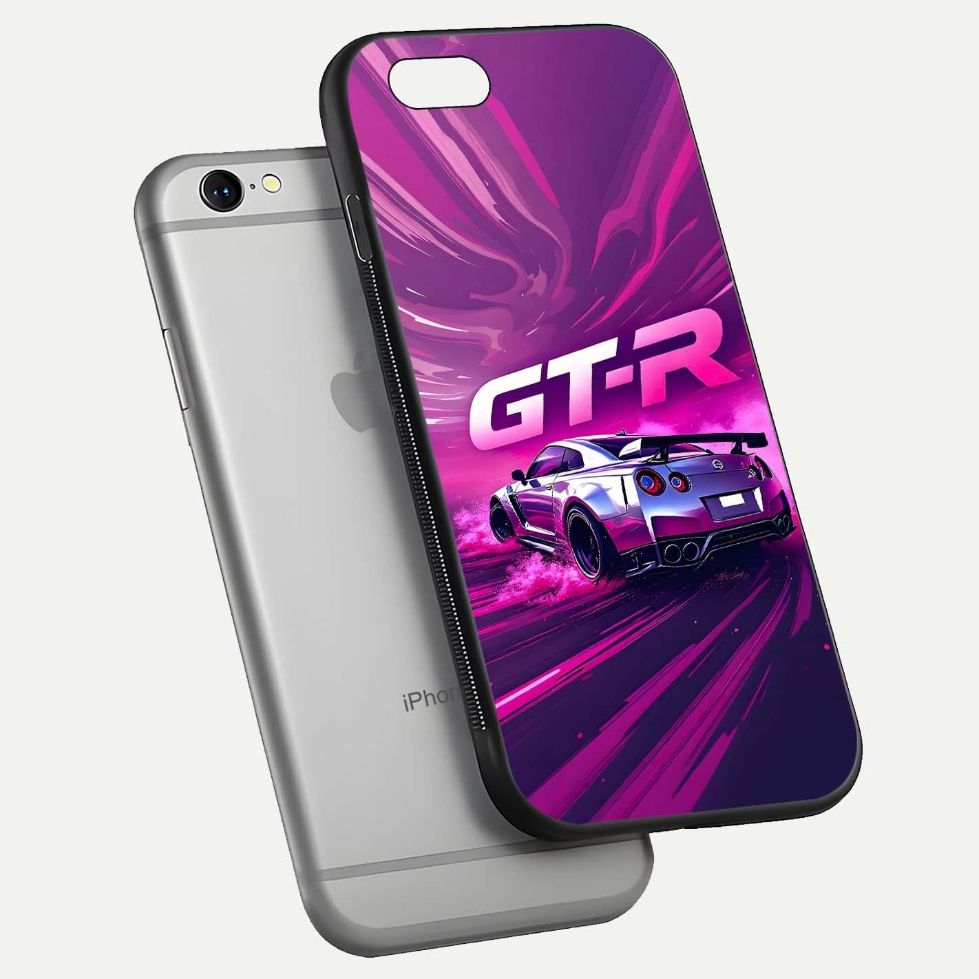 Speed Drift Legend Glass Case for iPhone 16 Pro floating dual-view mockup displaying gloss shine and motion effect