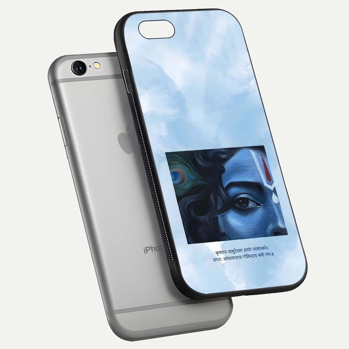 Spiritual Krishna Glass Case for iPhone 16 Pro floating dual-view mockup displaying gloss shine and divine detail