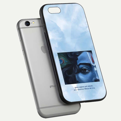 Spiritual Krishna Glass Case for iPhone 16 Pro floating dual-view mockup displaying gloss shine and divine detail