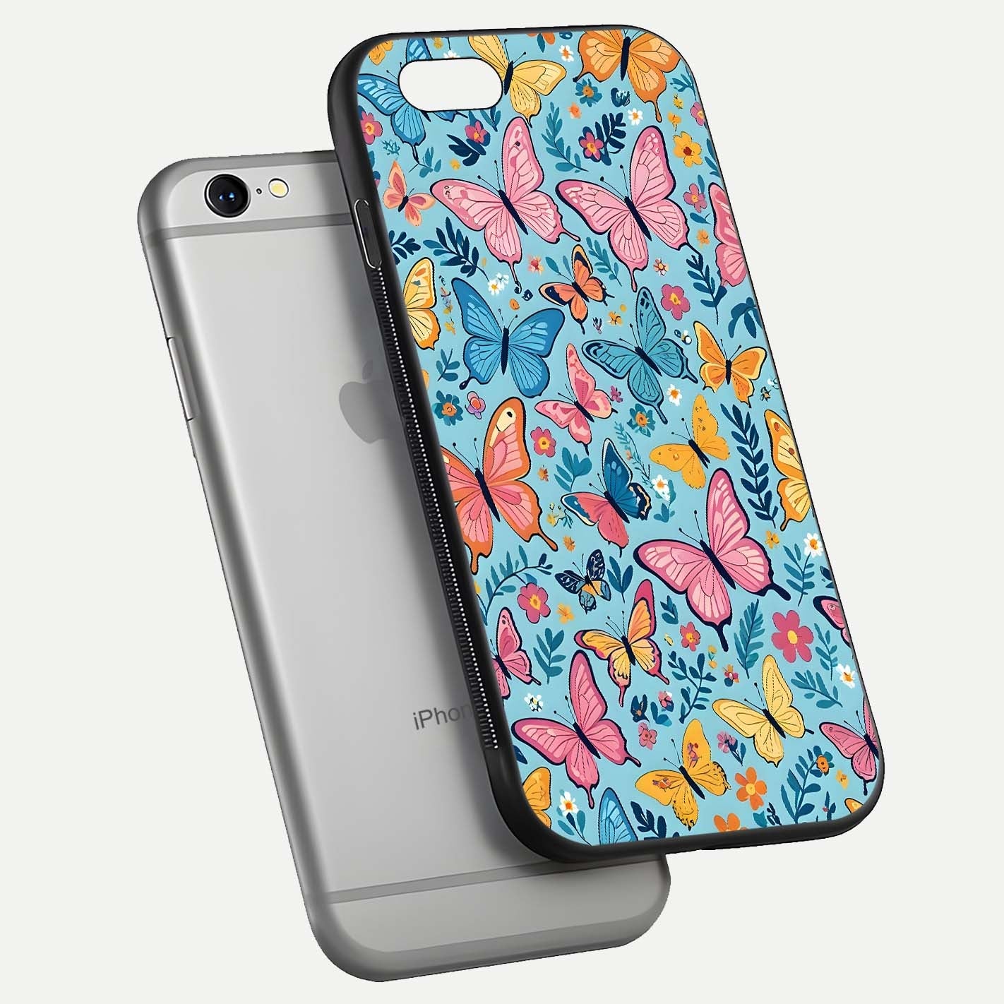 Spring Wing Garden Glass Case for iPhone 16 Pro floating dual-view mockup showing gloss texture and vivid print