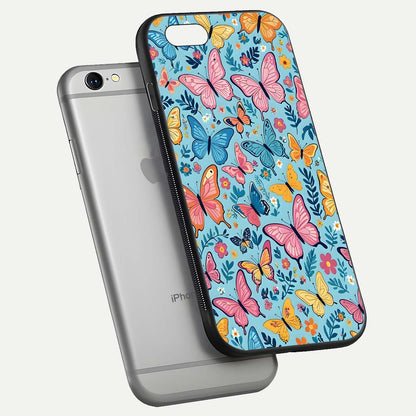 Spring Wing Garden Glass Case for iPhone 16 Pro floating dual-view mockup showing gloss texture and vivid print