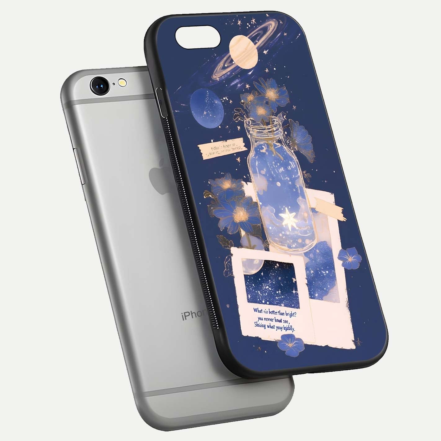 Starlit Cosmic Jar Glass Case for iPhone 16 Pro floating dual-view mockup displaying gloss and starry depth