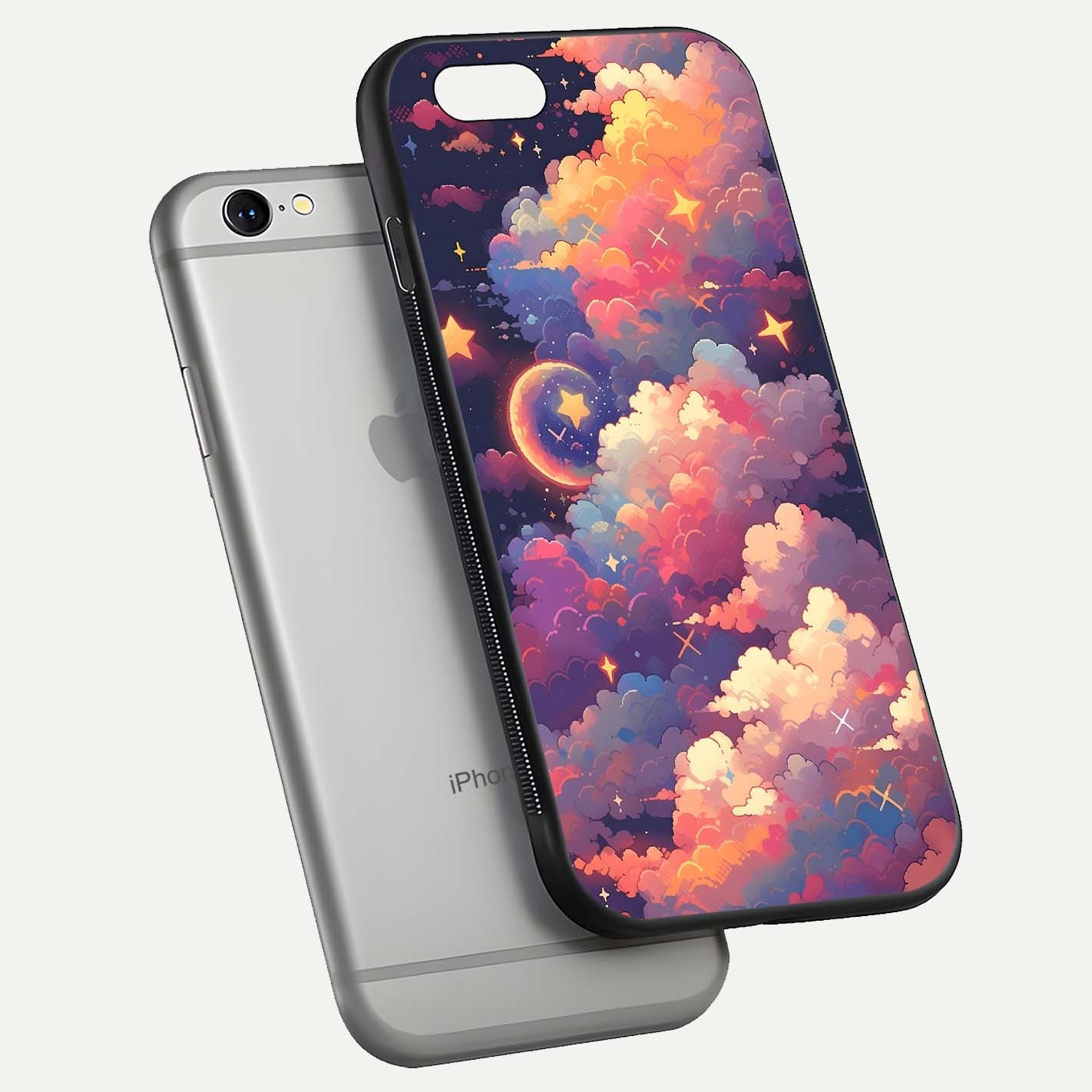 Starlit Dream Clouds Glass Case for iPhone 16 Pro floating dual-view mockup displaying gloss and soft light detail