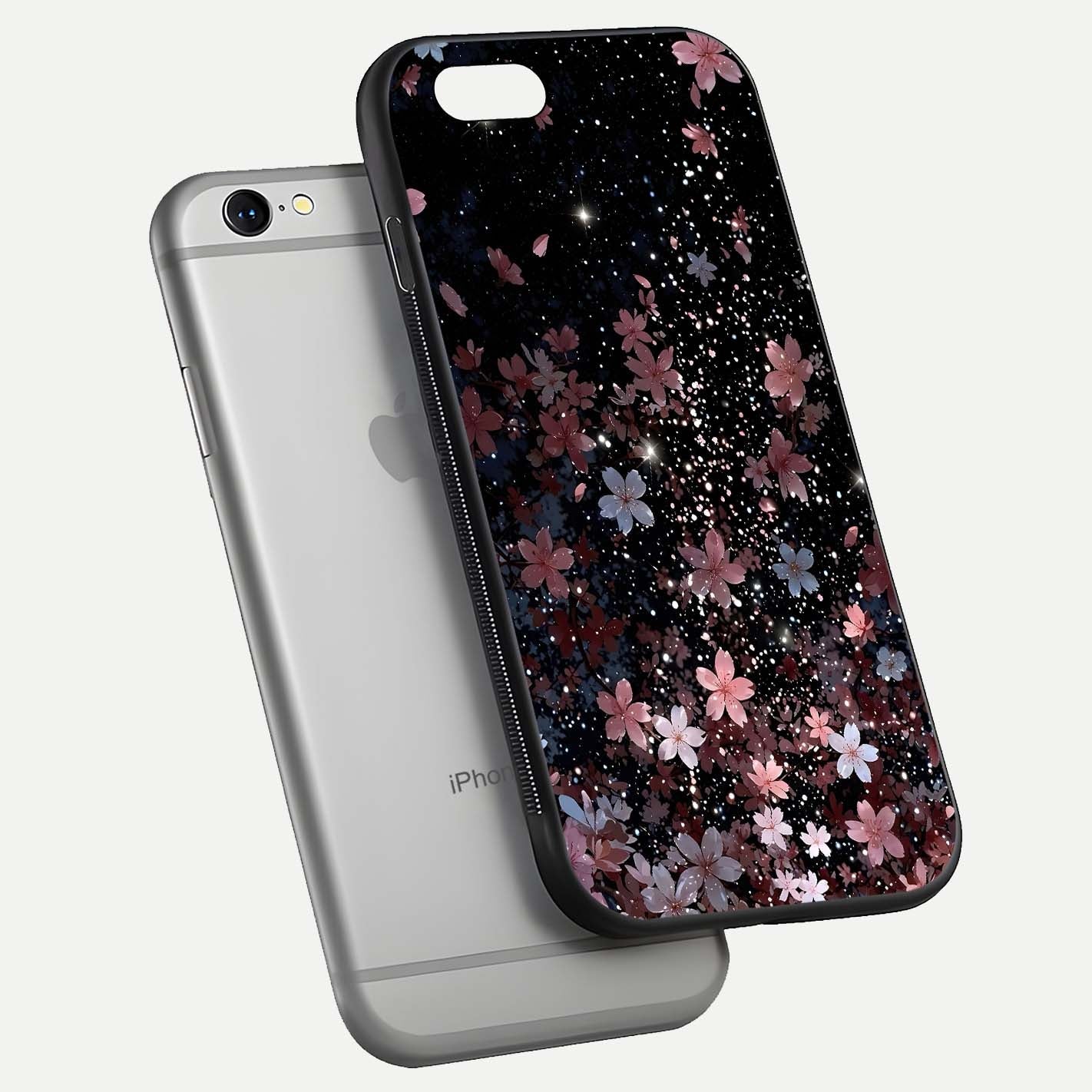 Starlit Flower Dreams Glass Case for iPhone 16 Pro floating dual-view mockup displaying gloss and print clarity