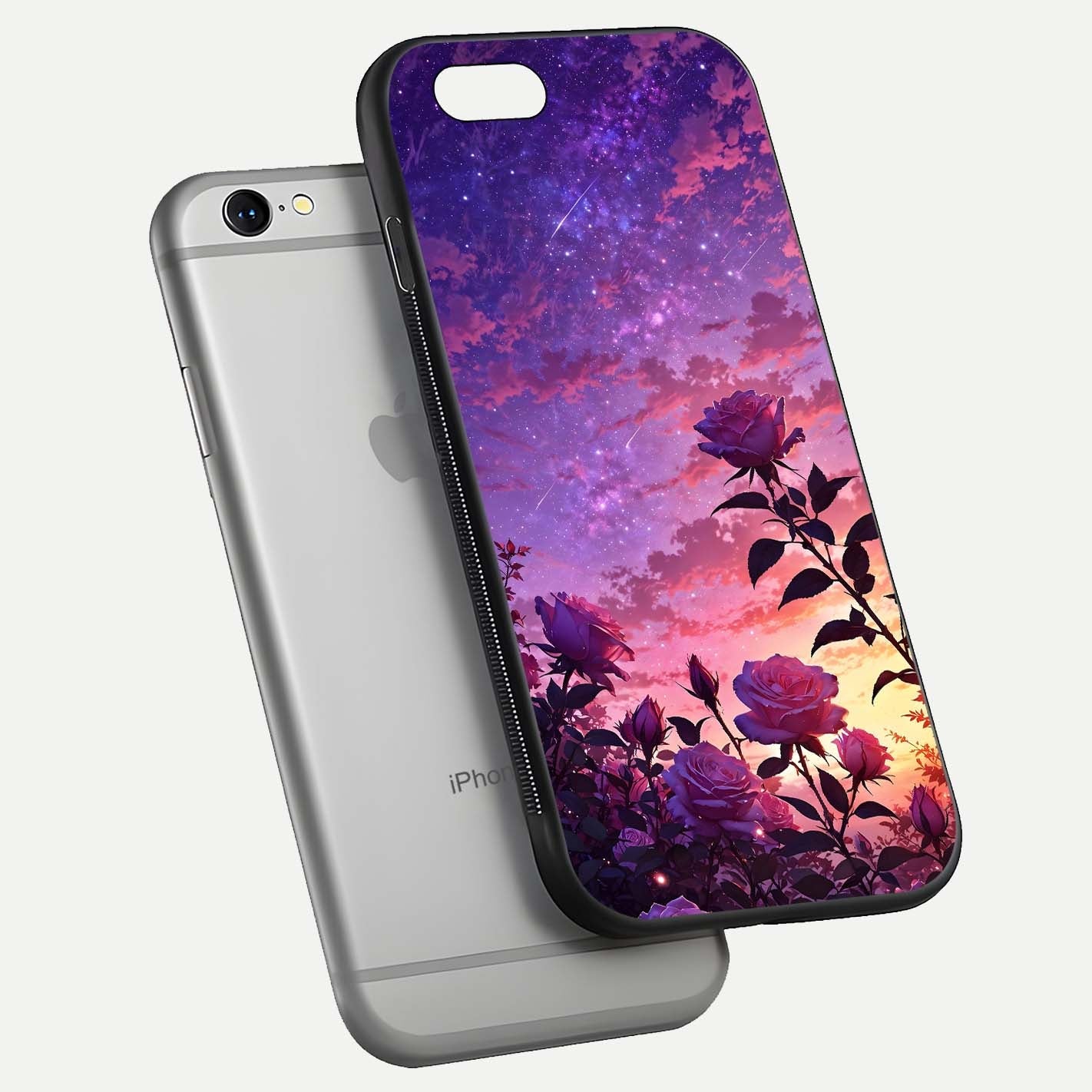 Starlit Rose Twilight Glass Case for iPhone 16 Pro floating dual-view mockup displaying gloss shine and depth