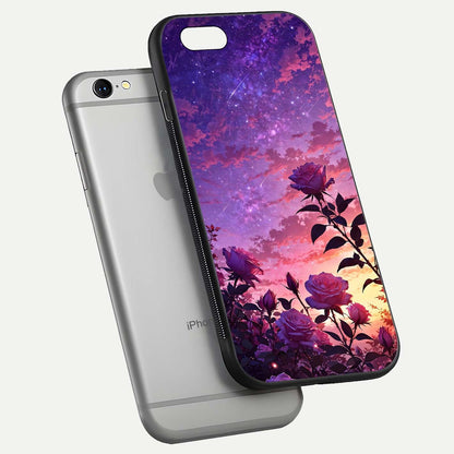 Starlit Rose Twilight Glass Case for iPhone 16 Pro floating dual-view mockup displaying gloss shine and depth