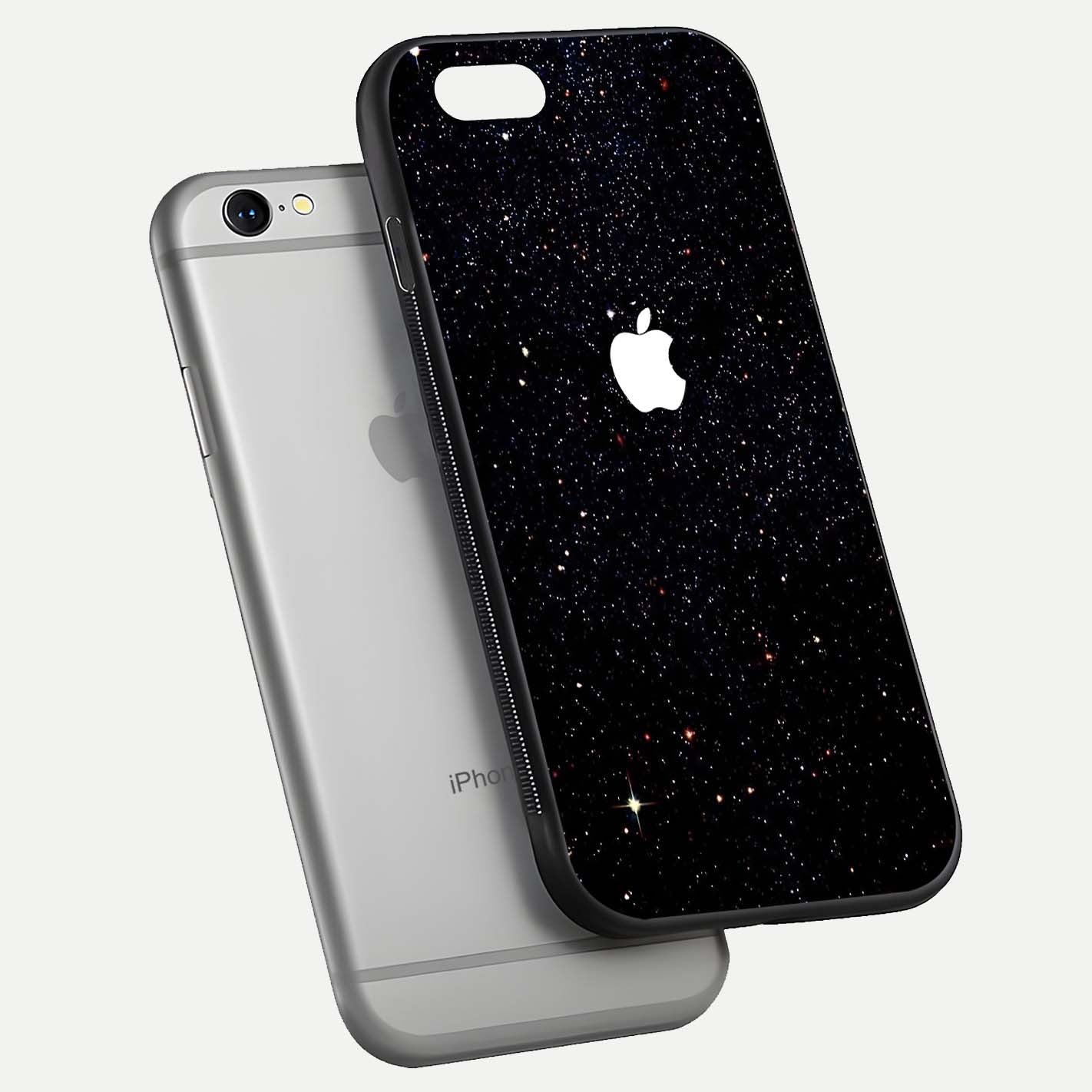 Starry Apple Galaxy Glass Case for iPhone 16 Pro floating dual-view mockup displaying reflection and shine