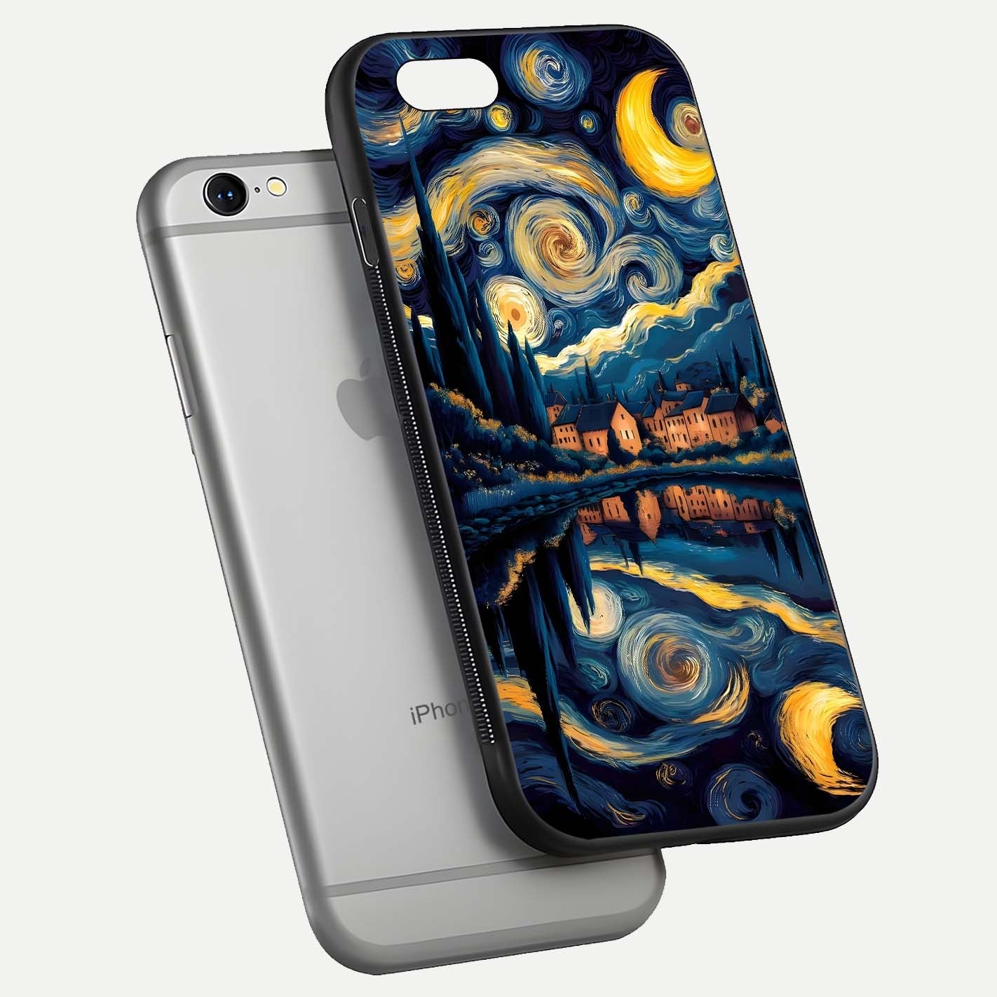 Starry Sky Serenity Glass Case for iPhone 16 Pro floating dual-view mockup displaying gloss texture and shine