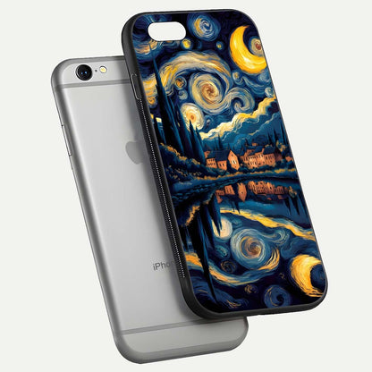 Starry Sky Serenity Glass Case for iPhone 16 Pro floating dual-view mockup displaying gloss texture and shine