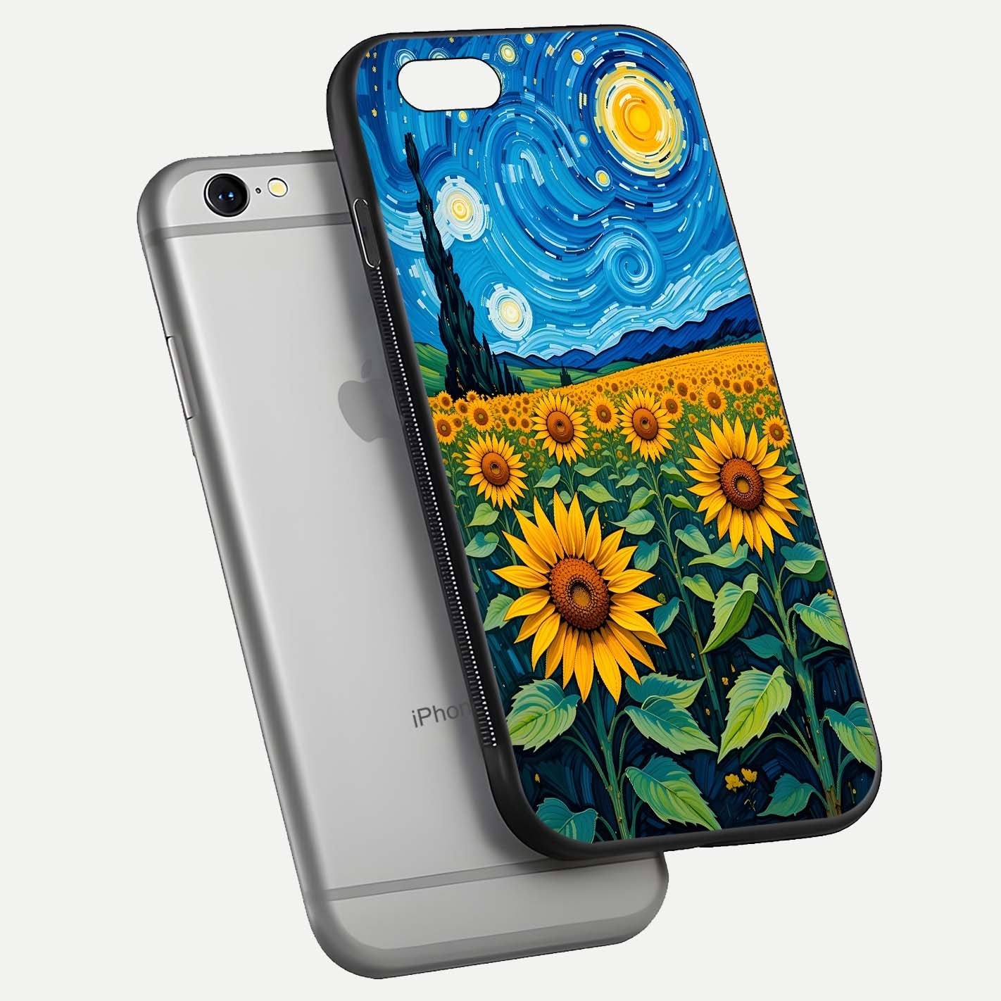 Starry Sunflower Dreams Glass Case for iPhone 16 Pro floating dual-view mockup displaying gloss and vivid print