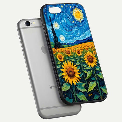 Starry Sunflower Dreams Glass Case for iPhone 16 Pro floating dual-view mockup displaying gloss and vivid print