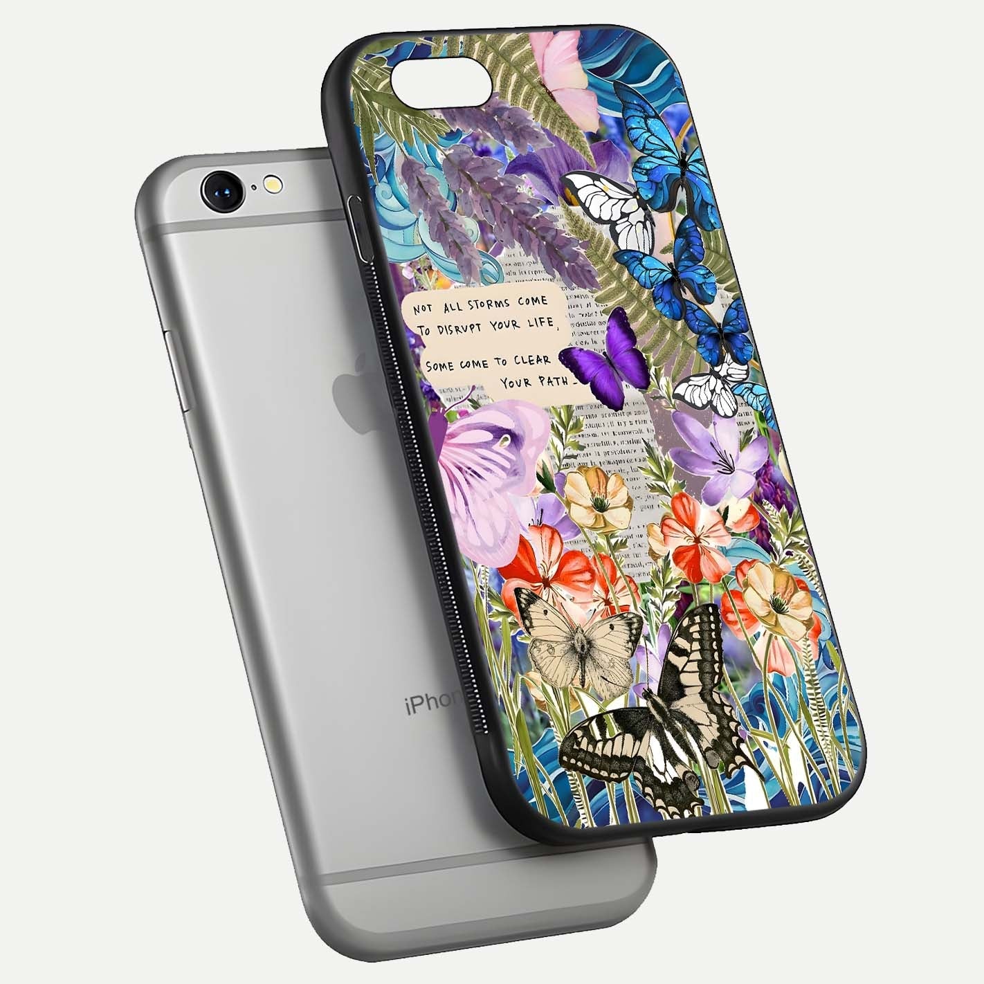 Storm Path Bloom Glass Case for iPhone 16 Pro floating dual-view mockup displaying gloss and pattern depth