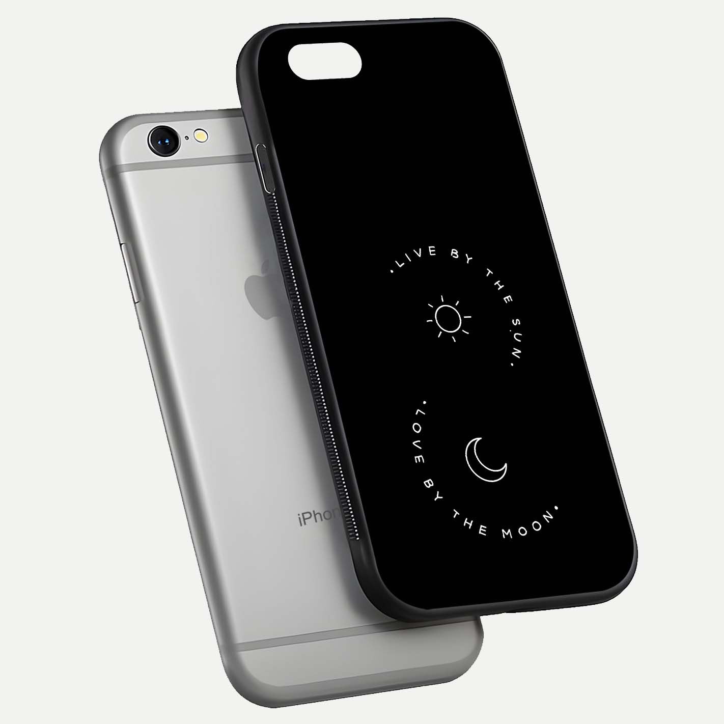 Sun Moon Balance Glass Case for iPhone 16 Pro floating dual-view mockup displaying gloss surface and edge clarity