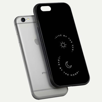Sun Moon Balance Glass Case for iPhone 16 Pro floating dual-view mockup displaying gloss surface and edge clarity