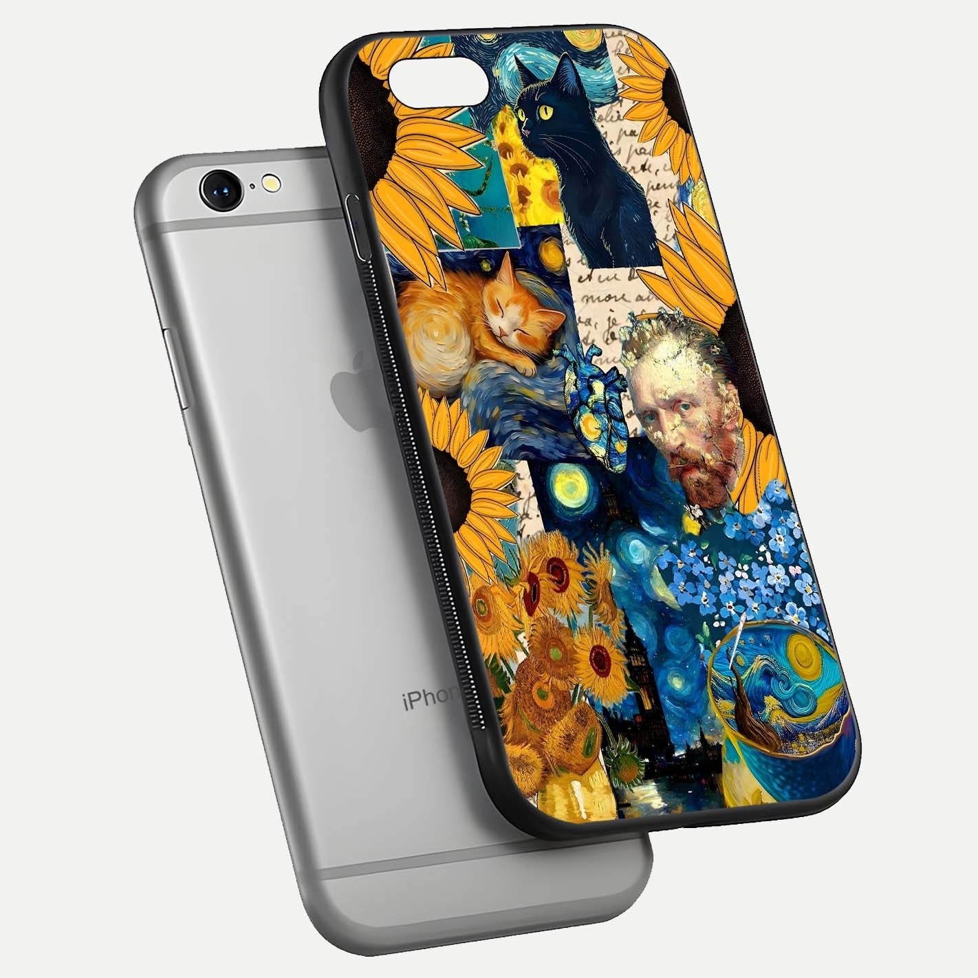 Sunflower Cat Art Glass Case for iPhone 16 Pro floating dual-view mockup displaying gloss shine and HD art print