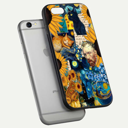 Sunflower Cat Art Glass Case for iPhone 16 Pro floating dual-view mockup displaying gloss shine and HD art print