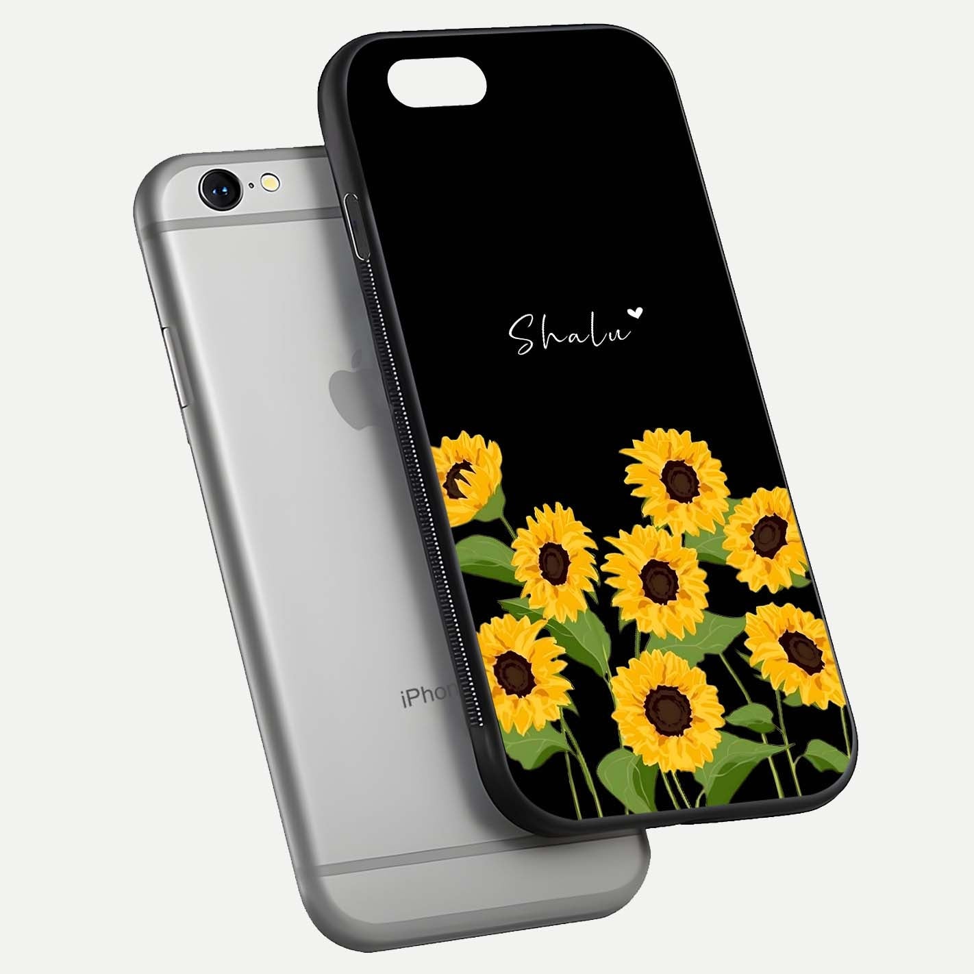 Sunflower Chic Mood Custom Name Glass Case for iPhone 16 Pro floating dual-view mockup displaying gloss texture and detail