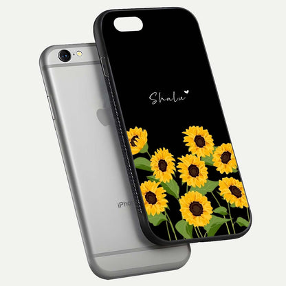 Sunflower Chic Mood Custom Name Glass Case for iPhone 16 Pro floating dual-view mockup displaying gloss texture and detail