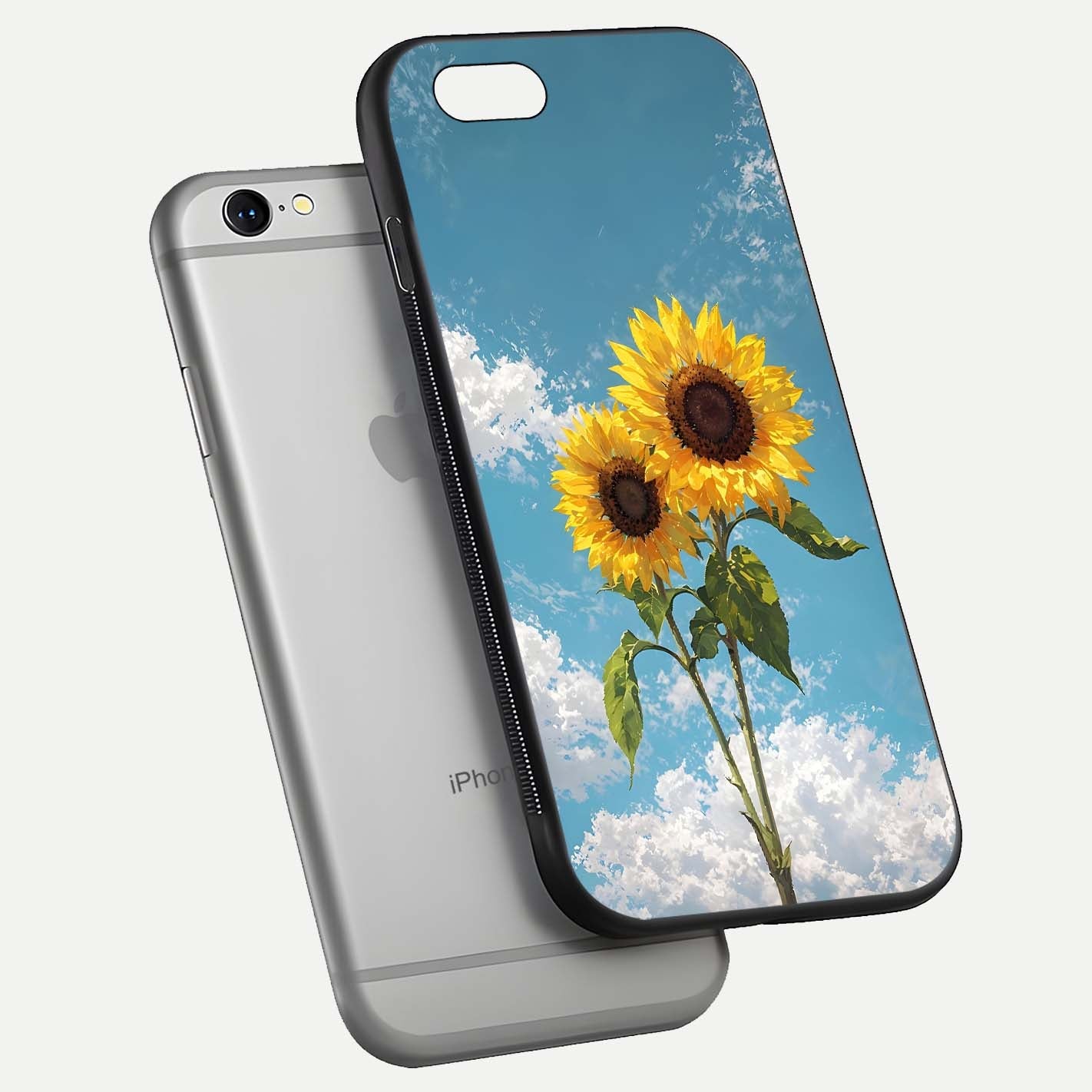Sunflower Sky Bloom Glass Case for iPhone 16 Pro floating dual-view mockup displaying gloss shine and vibrant texture
