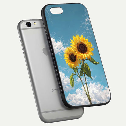 Sunflower Sky Bloom Glass Case for iPhone 16 Pro floating dual-view mockup displaying gloss shine and vibrant texture
