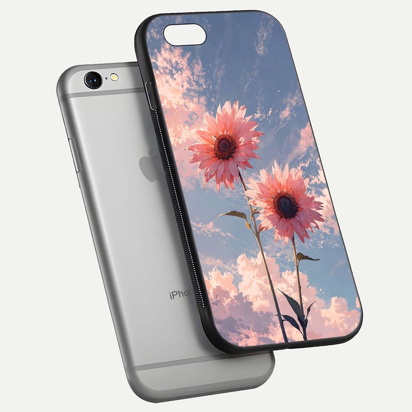 Sunlit Daisy Glow Glass Case for iPhone 16 Pro floating dual-view mockup displaying gloss finish and HD print