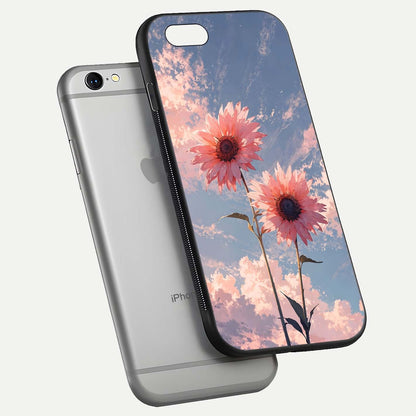 Sunlit Daisy Glow Glass Case for iPhone 16 Pro floating dual-view mockup displaying gloss finish and HD print