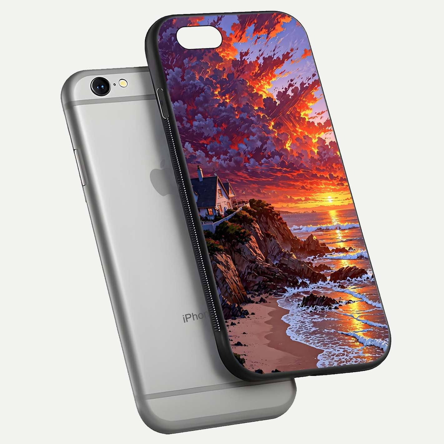 Sunset House by Sea Glass Case for iPhone 16 Pro floating dual-view mockup displaying gloss shine and depth