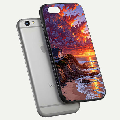 Sunset House by Sea Glass Case for iPhone 16 Pro floating dual-view mockup displaying gloss shine and depth
