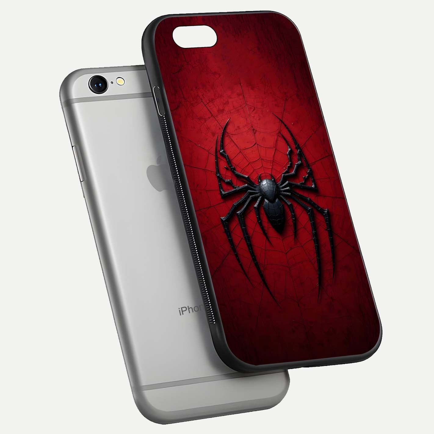 Venom Web Emblem Glass Case for iPhone 16 Pro floating dual-view mockup displaying gloss shine and HD print