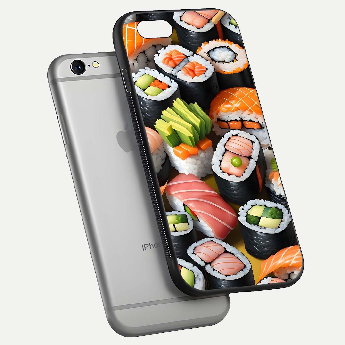 Sushi Food Pattern Glass Case for iPhone 16 Pro floating dual-view mockup displaying gloss and HD pattern