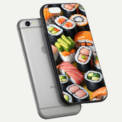 Sushi Food Pattern Glass Case for iPhone 16 Pro floating dual-view mockup displaying gloss and HD pattern