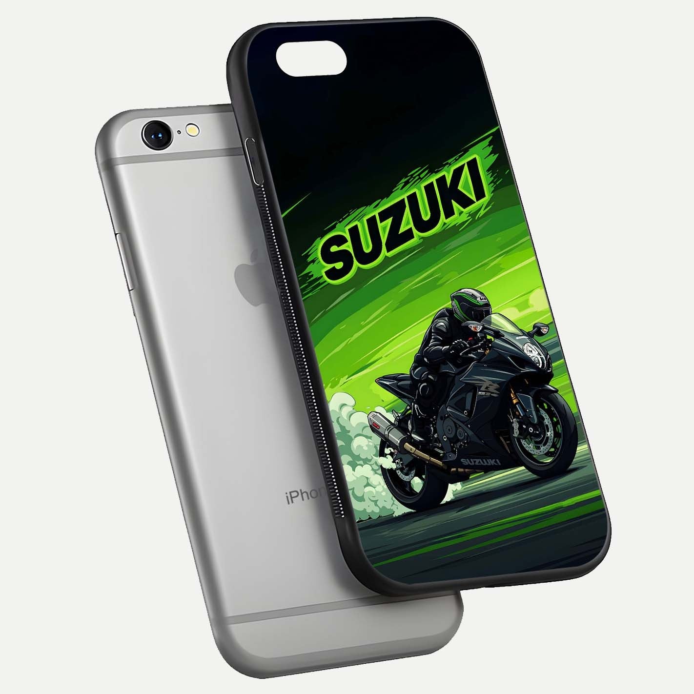 Suzuki Speed Beast Glass Case for iPhone 16 Pro floating dual-view mockup displaying gloss texture and shine