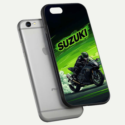 Suzuki Speed Beast Glass Case for iPhone 16 Pro floating dual-view mockup displaying gloss texture and shine