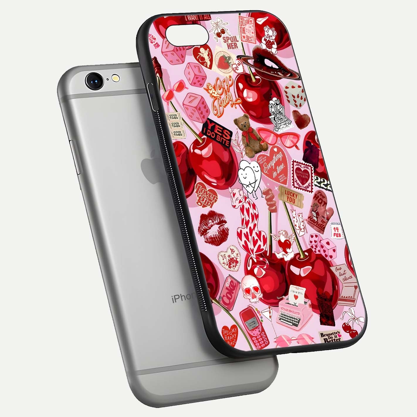 Sweet Cherry Chaos Glass Case for iPhone 16 Pro floating dual-view mockup displaying gloss surface and depth