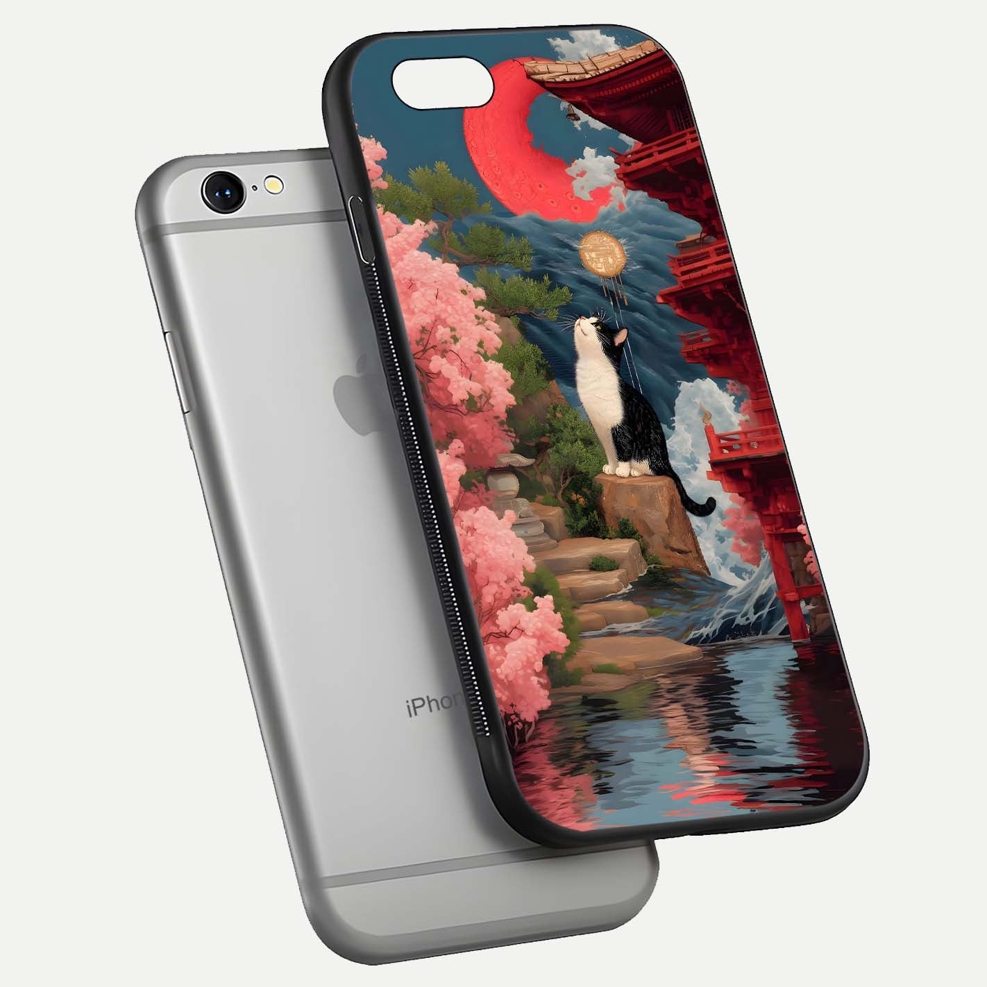 Temple Cat Scenery Glass Case for iPhone 16 Pro floating dual-view mockup displaying gloss and depth detail