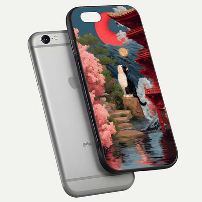 Temple Cat Scenery Glass Case for iPhone 16 Pro floating dual-view mockup displaying gloss and depth detail