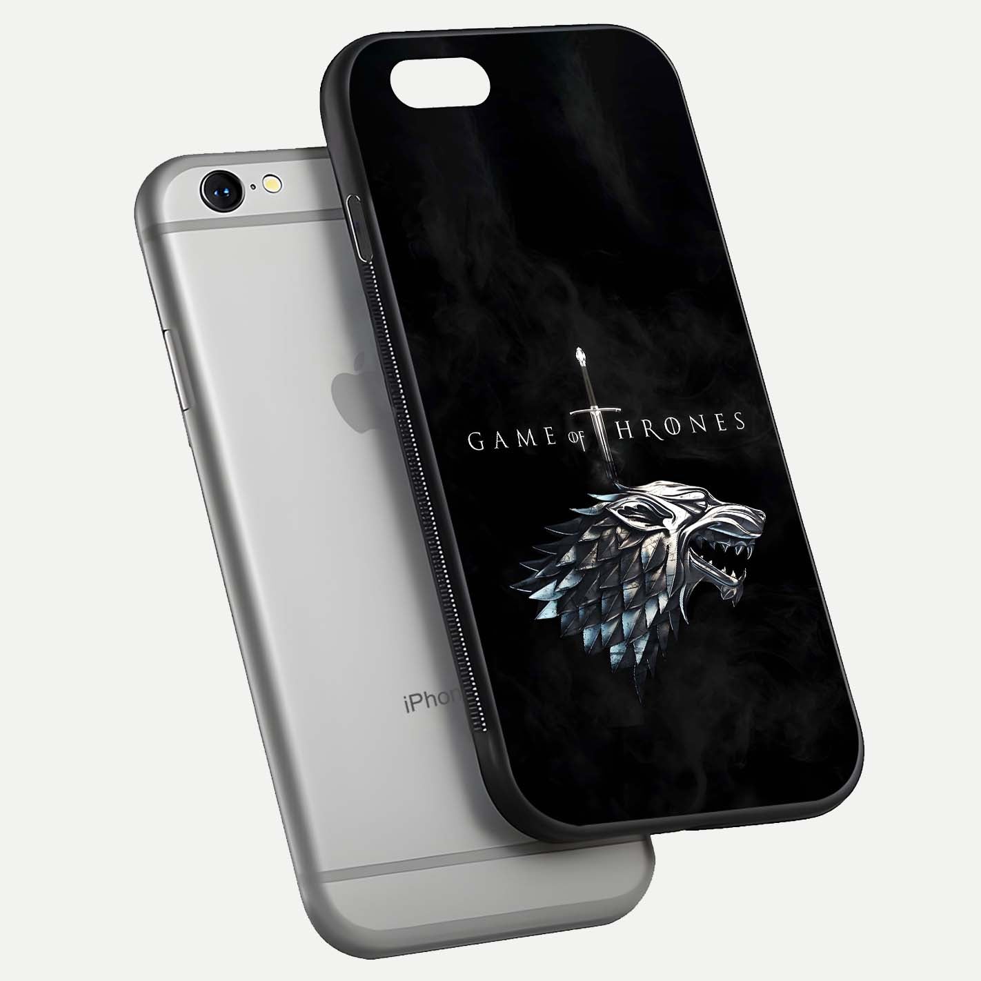 Throne Wolf Legacy Glass Case for iPhone 16 Pro floating dual-view mockup displaying gloss depth and wolf artwork