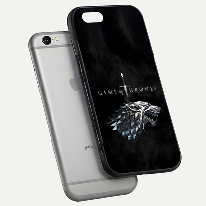 Throne Wolf Legacy Glass Case for iPhone 16 Pro floating dual-view mockup displaying gloss depth and wolf artwork
