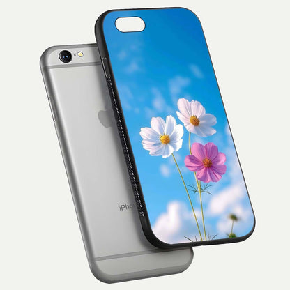 Triple Flowers With Sky Glass Case for iPhone 16 Pro floating dual-view mockup displaying gloss and soft hues